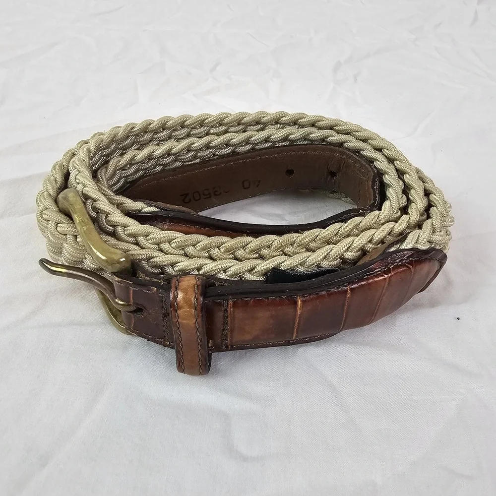 Brighton 33502 Belt Size 40 Woven Stretch Brown Leather Croc Trim Brass Buckle
